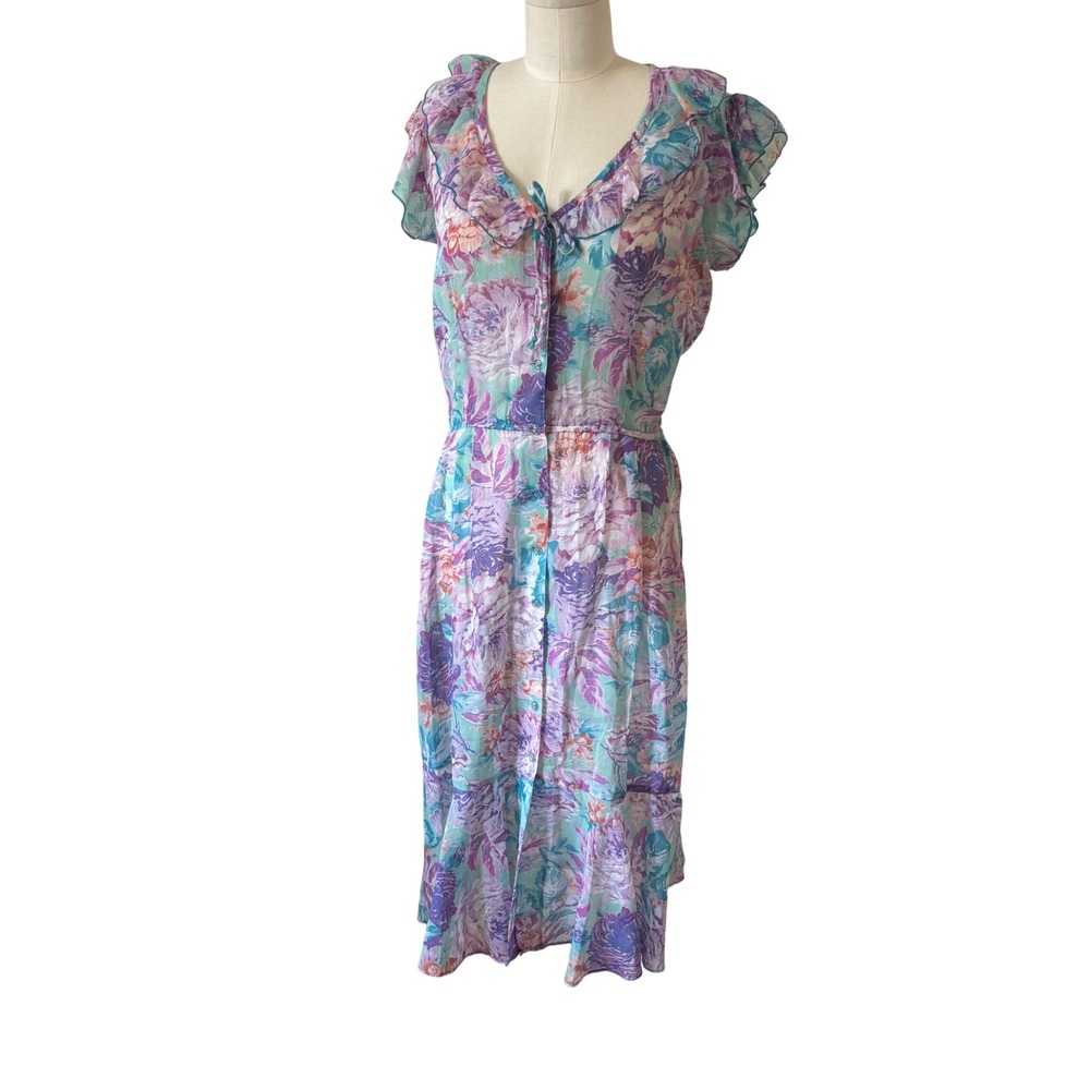 Vtg 70s Foxy Lady San Francisco Floral Sheer Midi Pastel Ruffle Button Dress